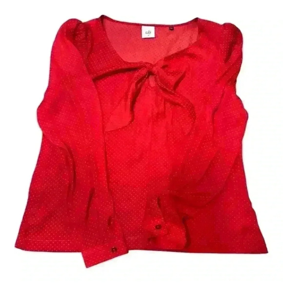 Cabi 3862 | Front Knot Swiss Red Dot Print Satin Blouse Top with Keyhole, Medium - Picture 9 of 9